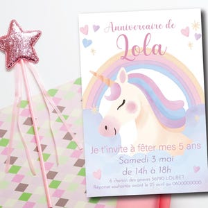 Carte d'anniversaire girly "Licorne" fille arc en ciel coloré paillettes étoiles coeur invitation fête rose poudré fillette nuages rêve