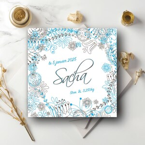 Faire-part bébé garçon modèle "Méli Mélo" avec photographie. Motif floral fleur orientale papillons henné
