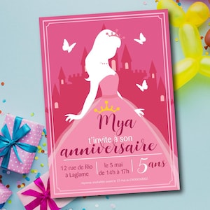 Carte d'anniversaire Princesse fille avec belle robe rose et château prince fête fillette nuages rêve invitation copine