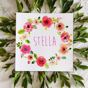 Faire-part bébé fille modèle "Couronne de fleurs" en aquarelle fleur feuilles champêtre avec photographie