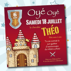 Carte d'anniversaire "Chevalier" bouclier château fort blason écuyer fête garçon déguisement enfant garçon épée donjon dragon douve tour