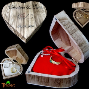 CAJA PARA ANILLOS DE MADERA CON CORAZÓN, almohada para anillos, personalizada, vintage, boda, decoración rústica, caja para anillos de boda, caja para anillos, cofre para anillos, impresión