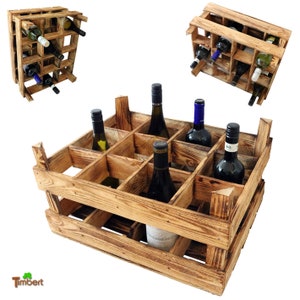 Vintage bottle rack in fruit crate design 12-piece wine rack Rustic wooden box for bottles Flamed Industrial wine bar wooden gift