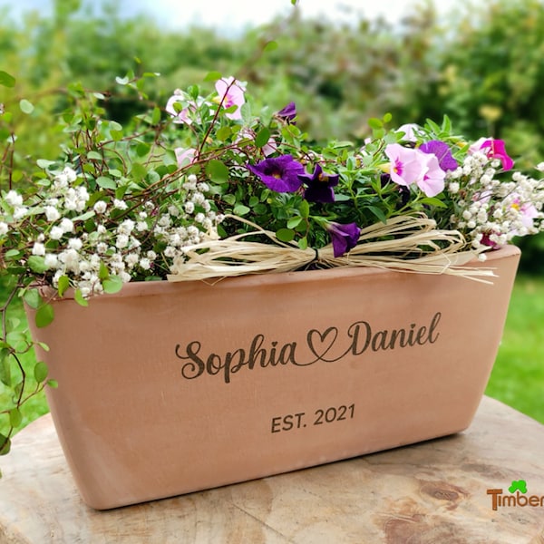 Personalisierter Blumenkasten aus Terracotta zur Hochzeit Jahrestag Geschenk Jubiläum Hochzeitsgeschenk Pflanzkasten Ton Topf Geldgeschenk