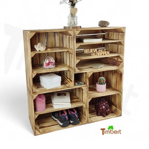 SET OF 4 Rustic WOODEN BOXES with intermediate board Shoe rack FLAMED fruit box Solid wine box Lowboard Highboard Office organizer Wood design