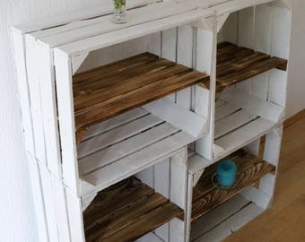 Set of 4 OLD WHITE FRUIT BOXES Vintage Shoe Rack Insert Old Wood Wooden Box with Intermediate Board Apple Box + Intermediate Floor Shabby Chic Rustic