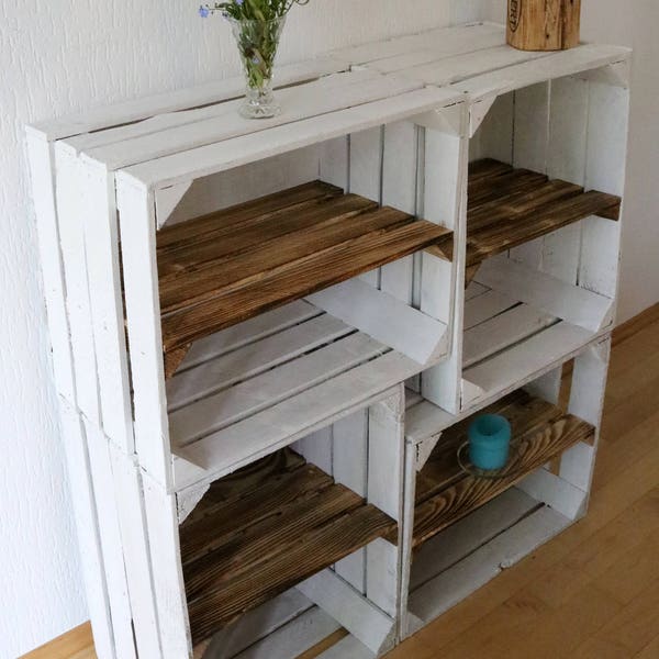Set of 4 OLD WHITE FRUIT BOXES Vintage Shoe Rack Insert Old Wood Wooden Box with Intermediate Board Apple Box + Intermediate Floor Shabby Chic Rustic