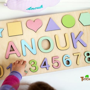 PUZZLE with NAME NUMBERS Shapes Pastel Wooden Puzzle Personalized 1st 2nd 3rd Birthday Baby Gift Newborn Birth Children Toy