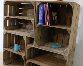 Set of 4 OLD FRUIT BOXES with intermediate board wooden box in natural apple box middle board vintage wall shelf wood rustic decoration shabby shoe rack