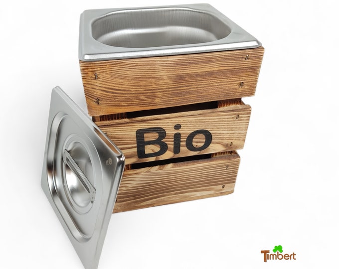 Rustic "BIO" organic waste bin made of wood & stainless steel, compost bin + lid, organic waste, compost, waste container, trash can, sustainable, eco-friendly