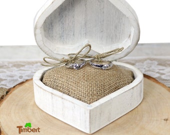 Wooden ring box, vintage heart design, shabby chic white + engraving, rustic wedding ring box for wedding rings, personalized ring casket