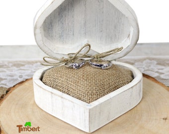 RINGBOX wooden vintage heart ring cushion Shabby Chic White + GRAVUR Rustic Wedding Ring Box for Wedding Rings Ring Box Personalized