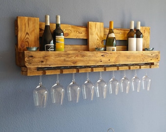 WINE RACK Rustic PALLET RACK Bottle rack with glass hanging Vintage wall shelf Hanging shelf Wooden kitchen shelf Wooden shelf Shabby Industrial