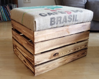 Tabouret de siège fabriqué à partir de caisses de fruits avec housse de sac à café originale, boîte en bois rustique, tabouret de sac à café, rembourrage en jute, coffre en bois, chaise rétro, cadeau