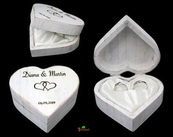 RINGBOX wooden heart Rustic wedding ring cushion with GRAVUR vintage ring box for wedding rings ring box Personalized in Shabby white