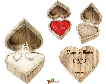 Wooden heart-shaped vintage ring pillow with engraving. Rustic wedding ring box for wedding rings. Personalized ring case.