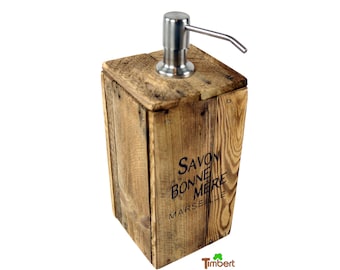 Rustic XL SOAP DISPENSER made of reclaimed wood with vintage print "Savon de la Bonne Mère" fruit crate design French wood gift Mother's Day