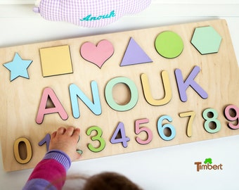 PUZZLE with NAME NUMBERS Shapes Pastel Wooden Puzzle Personalized 1st 2nd 3rd Birthday Baby Gift Newborn Birth Children Toy