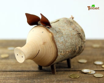 PIGGY BANK made of WOOD Money Box MONEY GIFT Rustic Wedding Gift Birthday Wooden Anniversary Pig Tree Trunk Money Box Cash Box