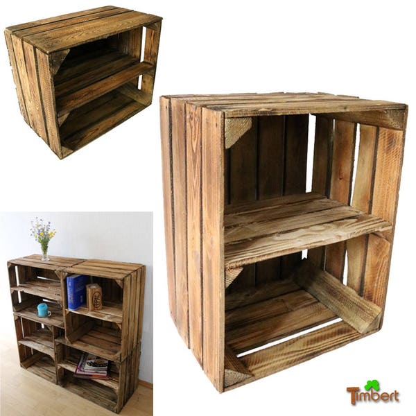 OUDE FRUITKRAT Gevlamd met tussenplank Houten doos Appelkist Middenplank Vintage wandplank Houten plank Rustieke decoratie Shabby schoenenrek