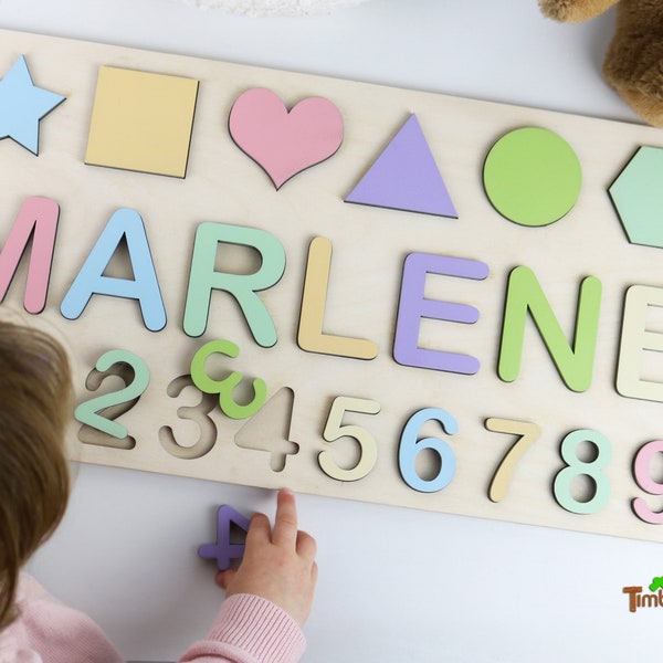 Wooden puzzle with name in pastel colors Handmade Personalized gift for 1st 2nd 3rd birthday birth baby kids girl boy toy