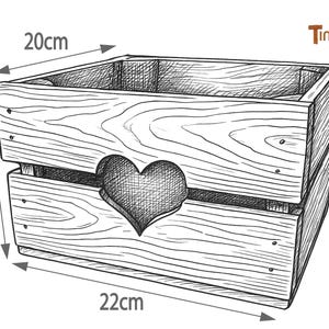 May include: A black and white line drawing of a rectangular wooden crate featuring a heart-shaped cutout on the front panel. The illustration includes dimension labels indicating a width of 22 cm, a depth of 20 cm, and a height of 15 cm.