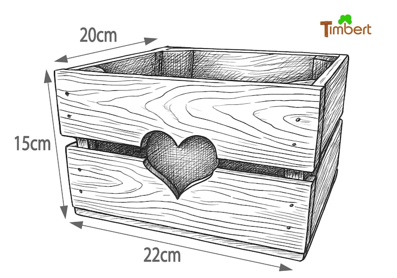 May include: A black and white line drawing of a rectangular wooden crate featuring a heart-shaped cutout on the front panel. The illustration includes dimension labels indicating a width of 22 cm, a depth of 20 cm, and a height of 15 cm.