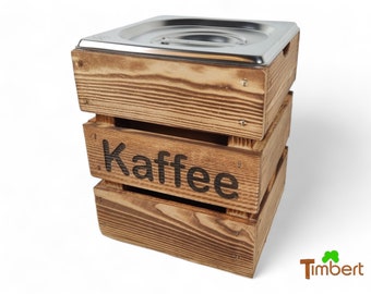 Rustic COFFEE CONTAINER for storing coffee beans, coffee powder, cocoa, tea, cereal, COFFEE CAN STORAGE CONTAINER made of wood & stainless steel kitchen