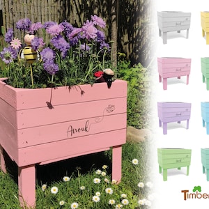 BUNTES HOCHBEET personalisiert mit Namen KINDERBEET Blumenbeet auf Stelzen Mini-Garten Holzkiste Massiv Pastellfarbe Geschenk zum Geburtstag