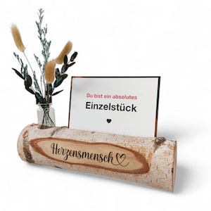 Gepersonaliseerde fotobar / kaarthouder hart persoon berkentak glazen vaas bloemen houten bar fotostandaard fotobar cadeau Kerstmis