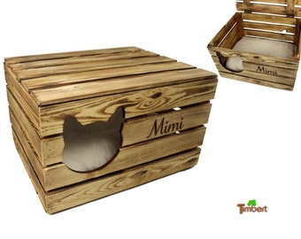 RUSTIC CAT CAVE PERSONALIZED with name Vintage wooden chest fruit box cat basket with lid cat animal bed lounger cushion gift