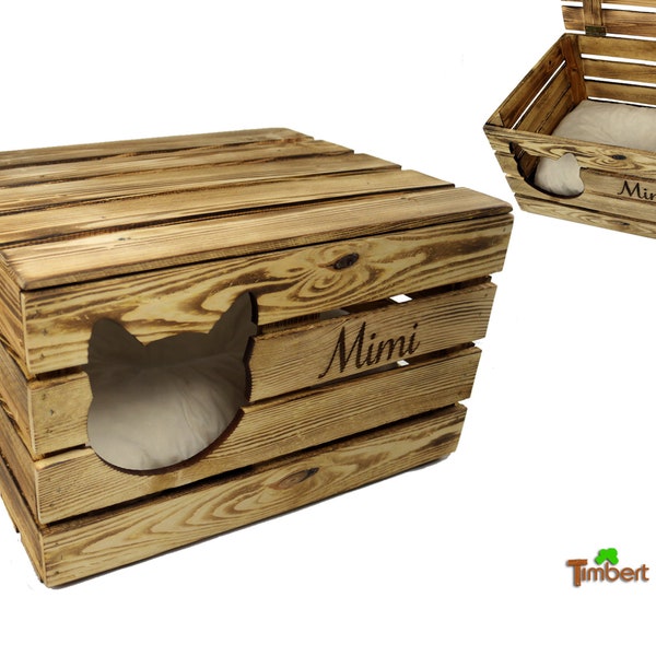 RUSTIKALE KATZENHÖHLE PERSONALISIERT mit Namen Vintage Truhe aus Holz Obstkiste Katzenkorb mit Deckel Katze Tierbett Liegekissen Geschenk