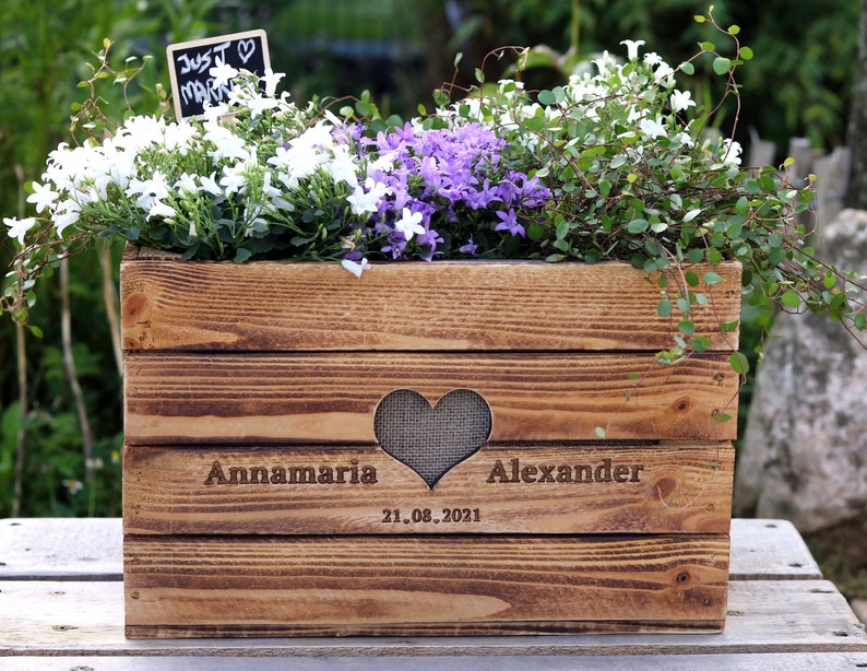 Rustic GIFT BOX RAISED BED Wedding Wine Box Vintage Wedding Gift Made of Wood PERSONALIZED Wooden Anniversary BoHo Cash Gift image 3