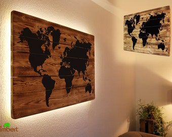 CARTE DU MONDE décorative sur BOIS avec éclairage LED décoration murale tableau bois massif rustique noir naturel lumière d'ambiance vintage cadeau anniversaire