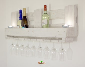 Vintage WINE REGAL from recycled EUROPALETTEN in Shabby Chic white pallet furniture wall shelf for wine bottles with glass hanging wooden shelf wall