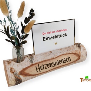PHOTO BAR / CARD HOLDER HERZENSMENSCH birch branch with engraving and glass vase flowers wooden bar picture stand picture bar gift personalized