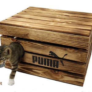 Rustic CAT CHEST made of WOOD Cat cave in FRUIT CRATE design Cat basket with lid for cats Cat bed wooden box with cushion Sleeping place