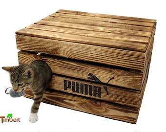 Rustic CAT CHEST made of WOOD cat cave in FRUIT BOX design cat basket with lid for cats cat bed wooden box with pillow sleeping place