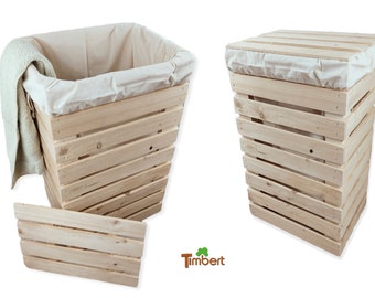 COLLECTEUR DE LINGE durable en BOIS MASSIF COFFRE À LINGE naturel Panier à linge en bois écologique Sac à linge Boîte à linge en coton Boîte à couvercle de poubelle à linge