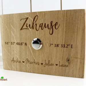 Rustic doorbell &quot;home&quot; made of wild oak solid with branding GPS coordinates name door sign wood nature bell sign door sign door sign entrance