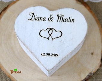 Vintage RINGBOX wooden heart ring cushion Shabby Chic White + GRAVUR Rustic Wedding Ring Box for Wedding Rings Ring Box Personalized