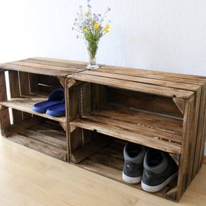 Set of 2 OLD Rustic FRUIT BOXES with intermediate board SHOE SHELF Flamed used apple boxes Organizer Vintage Lowboard Wall shelf wood