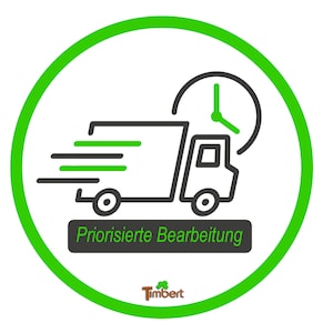 Könnte beinhalten: Grüner Kreis mit weißem Rand und einem schwarzen LKW-Symbol mit einem Uhr-Symbol darüber. Der Text "Prioritierte Bearbeitung" befindet sich unter dem LKW-Symbol.