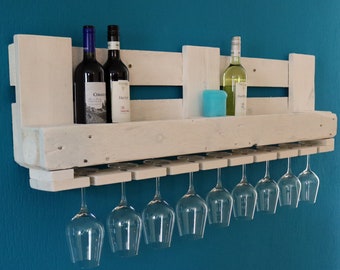 Wine rack made from recycled Euro pallets. Pallet furniture. Wall shelf for 8 wine bottles with glass holders. Wooden shelf. Handmade in shabby white.