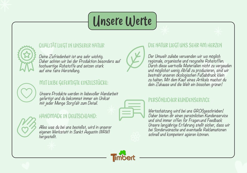 May include: A green and white illustration of a leaf with the text "Die Natur liegt uns sehr am Herzen" and a description of the company's commitment to using sustainable materials and reducing their environmental impact. The text "Der Umwelt zuliebe verwenden wir wo m&ouml;glich regionale, organische und recycelte Rohstoffen. Durch diese wertvolle Materialien nicht zu vergeuden und m&ouml;glichst wenig Abfall zu produzieren, sind wir bestrebt unseren &ouml;kologischen Fu&szlig;abdruck klein zu halten. Mit dem Kauf eines Artikels machst du dein Zuhause und die Welt ein bisschen gr&uuml;ner!" is also included.