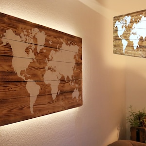 Dekorative WELTKARTE auf HOLZ mit LED Beleuchtung Massivholz Wandbild Rustikal Weiß Ländlich Stimmungslicht Vintage Deko Geschenk Geburtstag