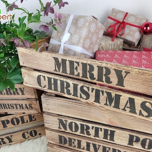 Merry CHRISTMAS NORTHPOLE HOLZKISTEN Weihnachtskiste Transportkiste Frachtkiste Geschenk Pflanzkasten Rustikale Kisten Weihnachtsdekoration