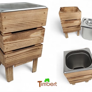 Rustic COSMETIC BIN made of WOOD and STAINLESS STEEL waste bin on stilts small waste bin for bathroom with lid bathroom bucket sustainable eco