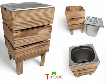 CONTENEDOR COSMÉTICO Rústico de MADERA y ACERO INOXIDABLE cubo de basura sobre pilotes pequeño cubo de basura para baño con tapa cubo de baño sostenible eco