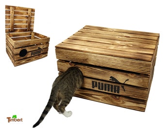 Cat cave in fruit crate design Rustic cat chest made of wood Cat basket with lid for cats Cat bed Wooden box Gift Christmas